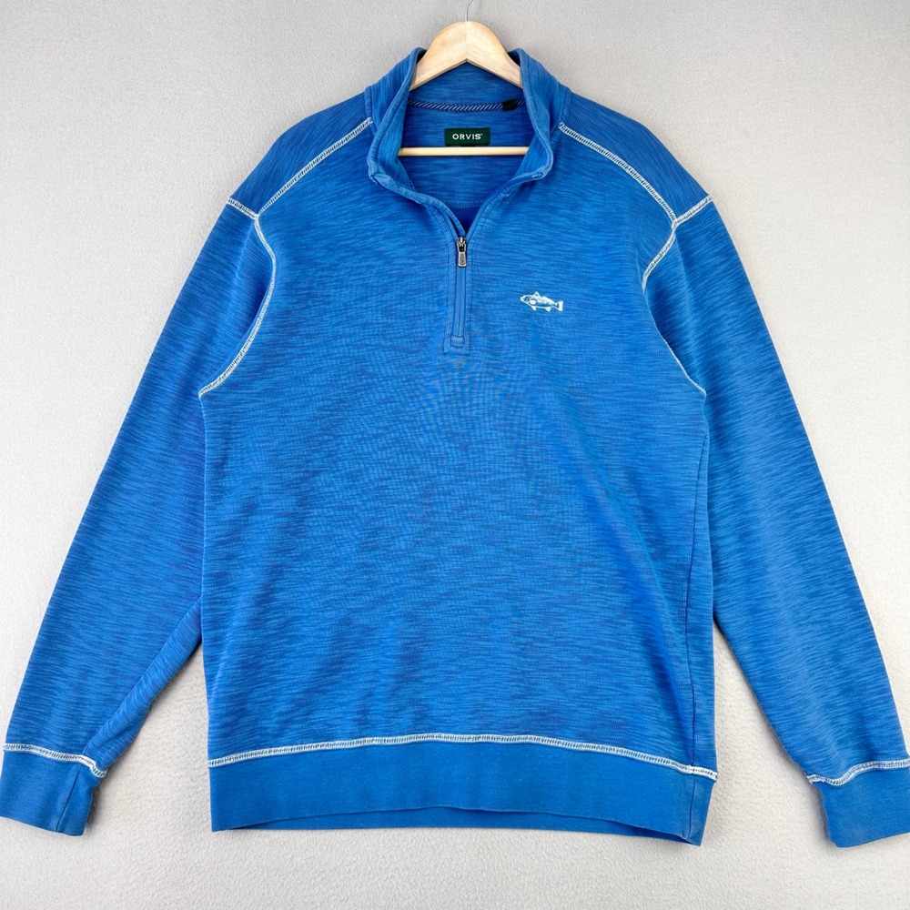 Orvis 1/4 Zip Sweatshirt Mens‎ Medium Blue Long Sleve Tencel Comfort Embroidered
